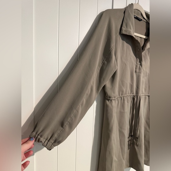 Zara Tan Flowy Mini Dress Button Front Drawstring Waist Tie Taupe Size Medium - Picture 5 of 6